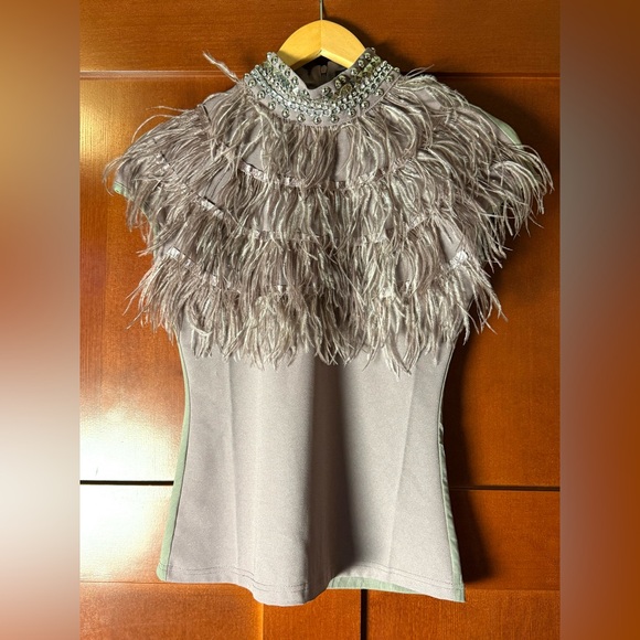 Gracia Tops - Gracia Lilac Embellished & Feathered  Mesh Top Size Small